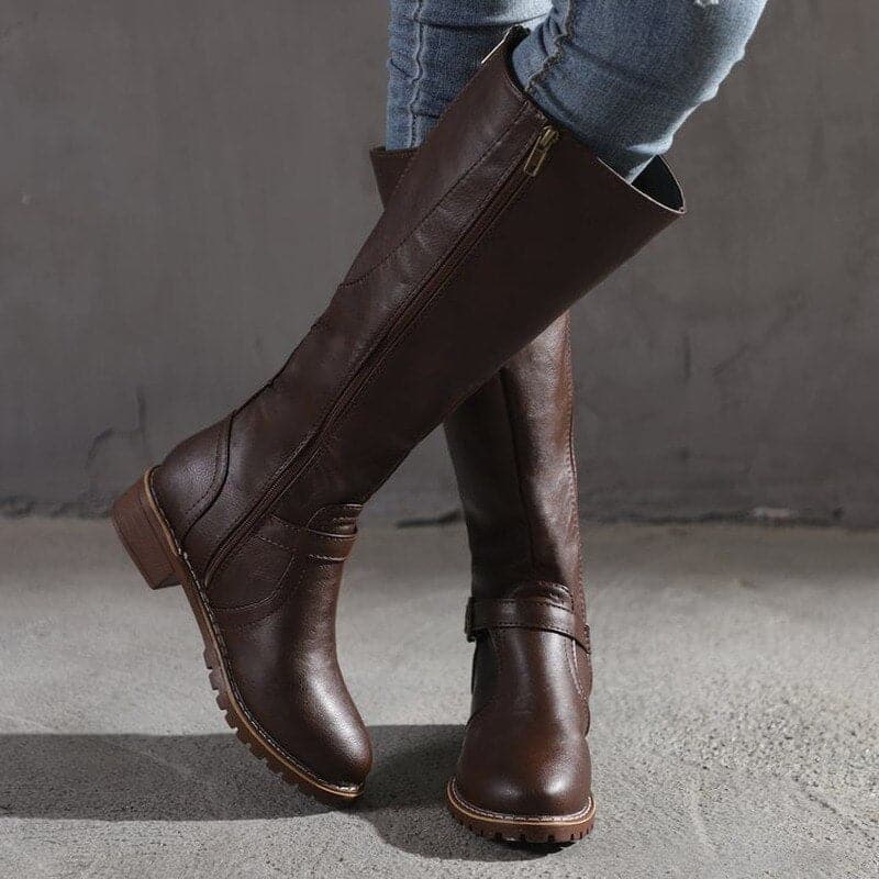 Womens Knee High Boots Classic Buckle Leather