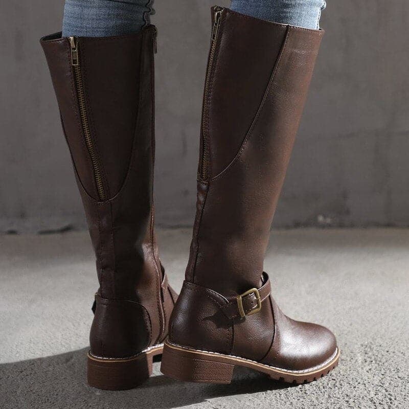 Womens Knee High Boots Classic Buckle Leather