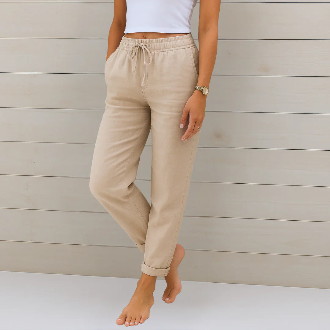 Womens High-Waist Linen Stretch Trousers with Drawstring - BritishMode