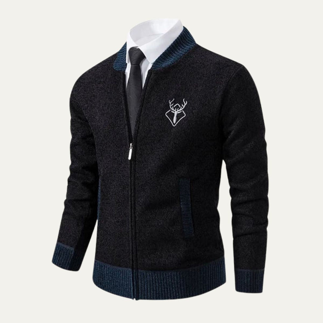 Mens Knit Bomber Cardigan Embroidered Contrast - BritishMode