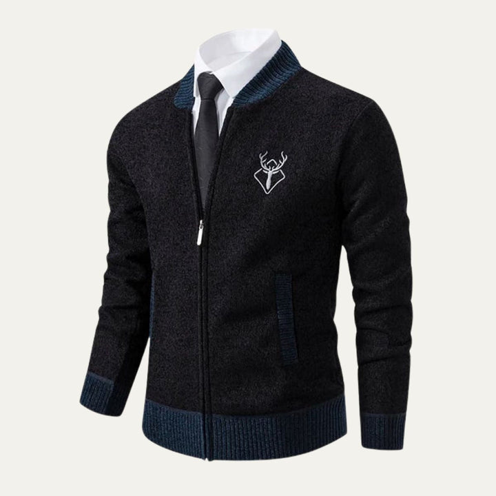 Mens Knit Bomber Cardigan Embroidered Contrast - BritishMode