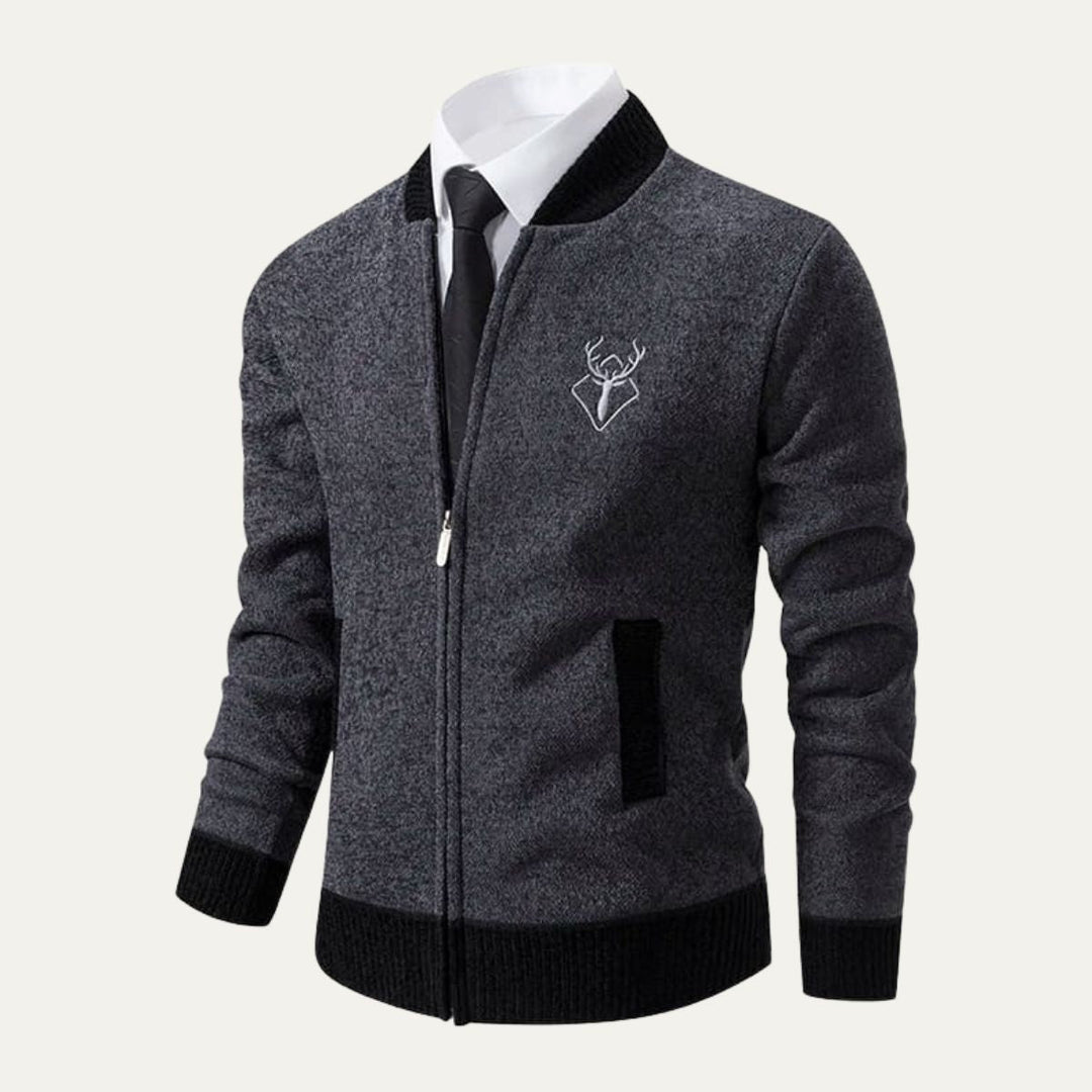 Mens Knit Bomber Cardigan Embroidered Contrast