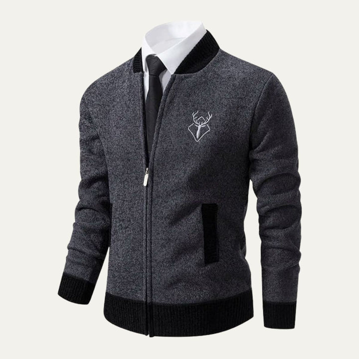Mens Knit Bomber Cardigan Embroidered Contrast