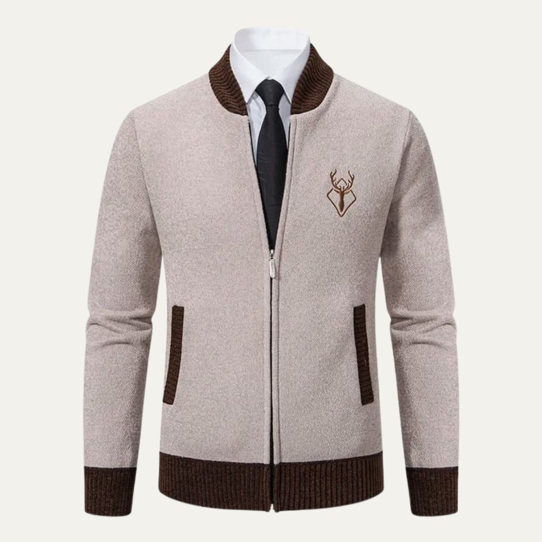 Mens Knit Bomber Cardigan Embroidered Contrast