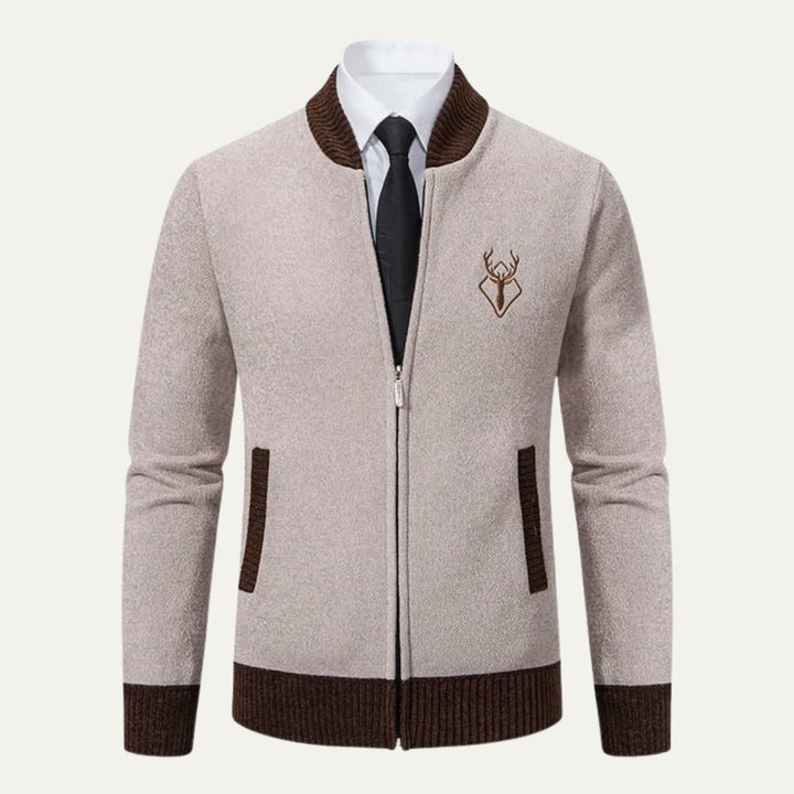 Mens Knit Bomber Cardigan Embroidered Contrast