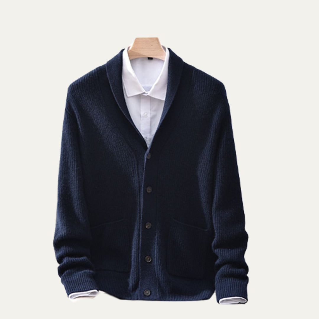 Mens Knit Button-Up Cardigan Soft Collar with Front Pockets