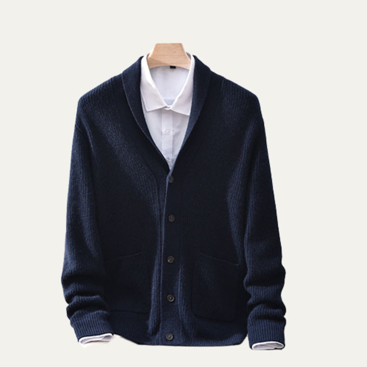 Mens Knit Button-Up Cardigan Soft Collar with Front Pockets