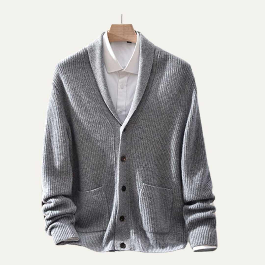 Mens Knit Button-Up Cardigan Soft Collar with Front Pockets