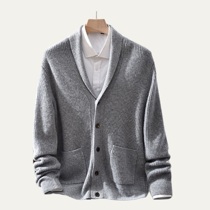 Mens Knit Button-Up Cardigan Soft Collar with Front Pockets