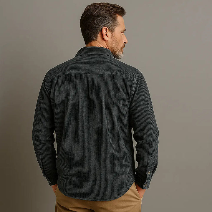 Mens Ribbed Cotton Shirt Button-Up Slim Fit