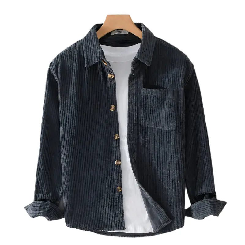 Mens Ribbed Cotton Shirt Button-Up Slim Fit