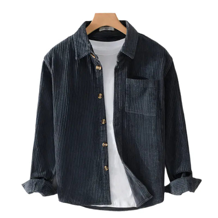 Mens Ribbed Cotton Shirt Button-Up Slim Fit