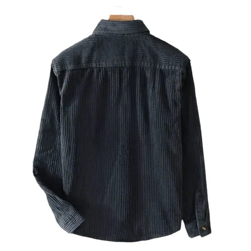 Mens Ribbed Cotton Shirt Button-Up Slim Fit