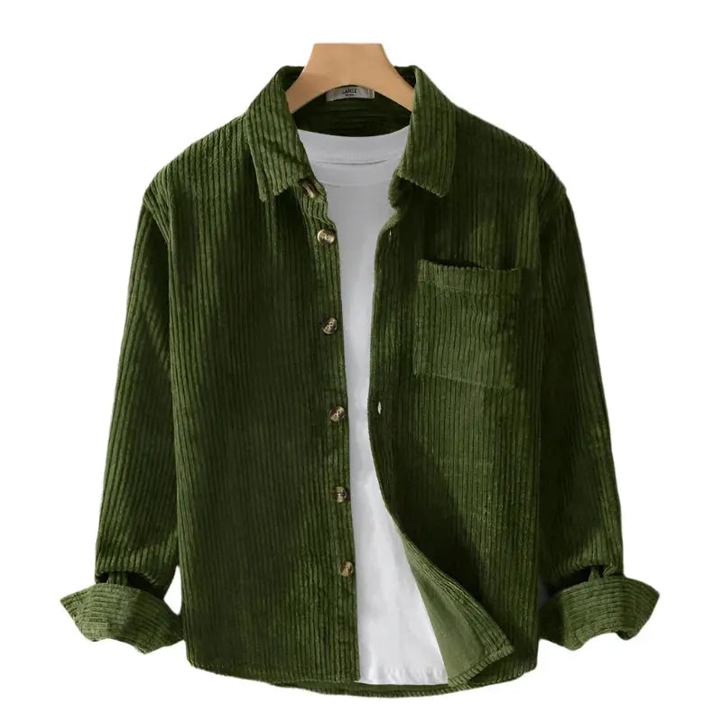 Mens Ribbed Cotton Shirt Button-Up Slim Fit