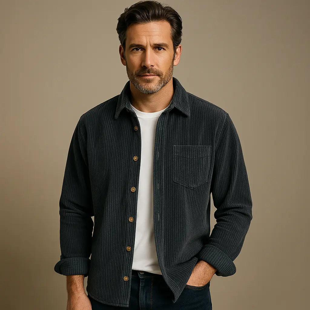 Mens Ribbed Cotton Shirt Button-Up Slim Fit - BritishMode