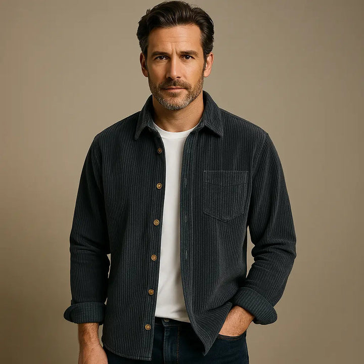 Mens Ribbed Cotton Shirt Button-Up Slim Fit - BritishMode