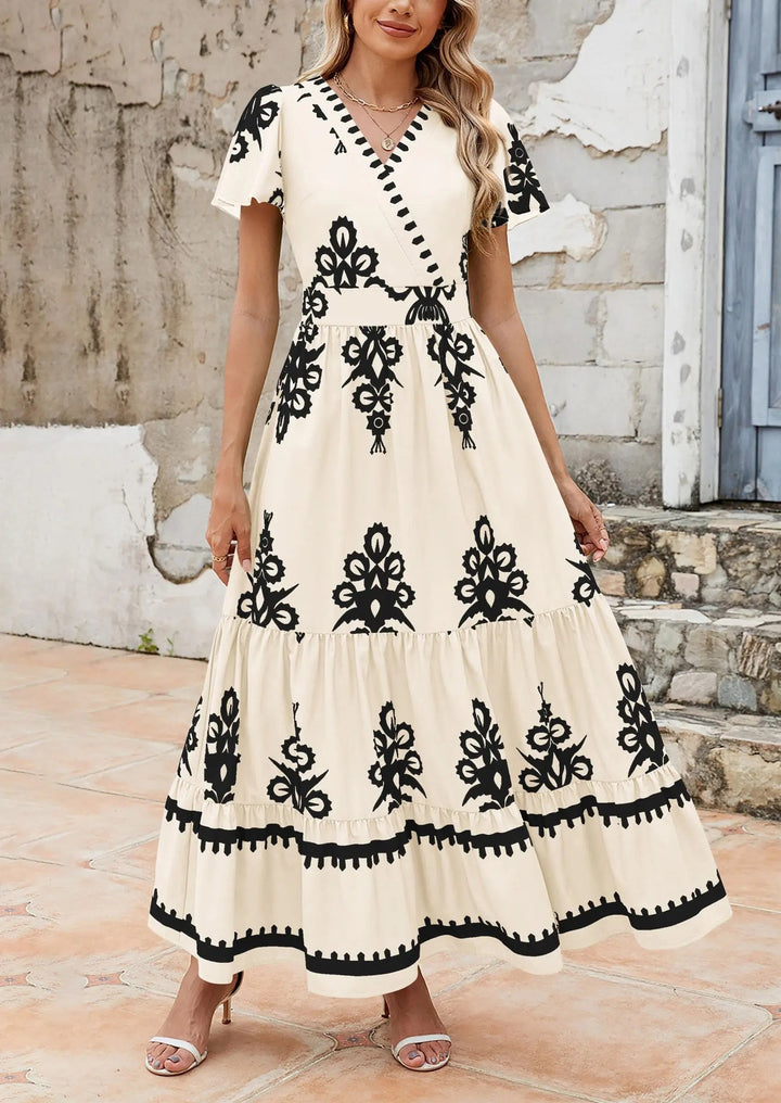 Womens Maxi Dress with V-Neck and Bell Sleeve Flowy A-Line