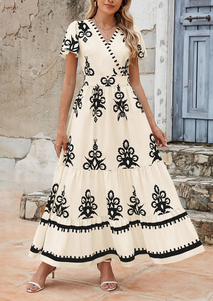 Womens Maxi Dress with V-Neck and Bell Sleeve Flowy A-Line