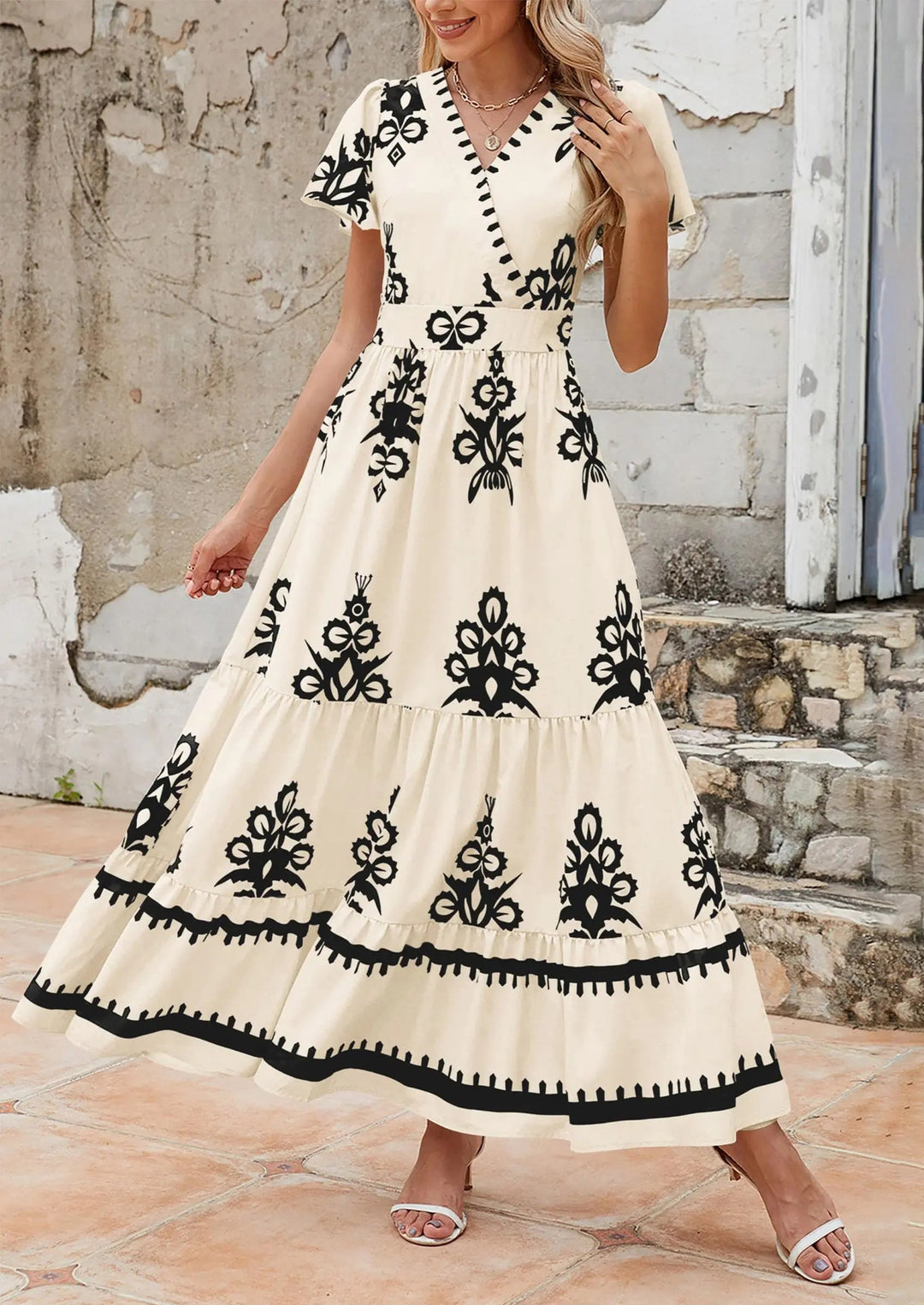 Womens Maxi Dress with V-Neck and Bell Sleeve Flowy A-Line