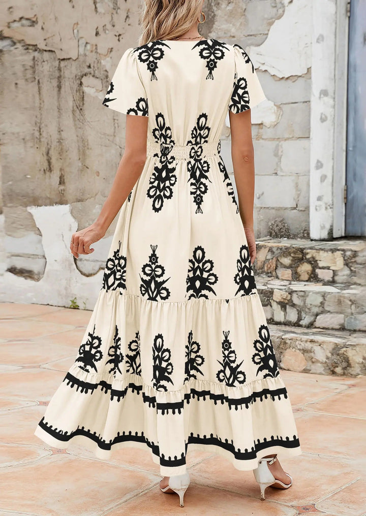 Womens Maxi Dress with V-Neck and Bell Sleeve Flowy A-Line