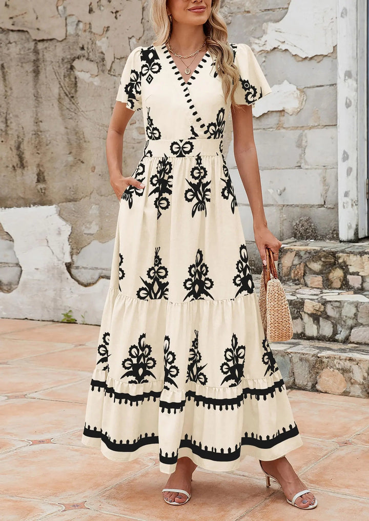 Womens Maxi Dress with V-Neck and Bell Sleeve Flowy A-Line