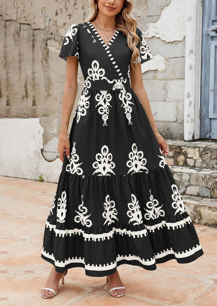 Womens Maxi Dress with V-Neck and Bell Sleeve Flowy A-Line