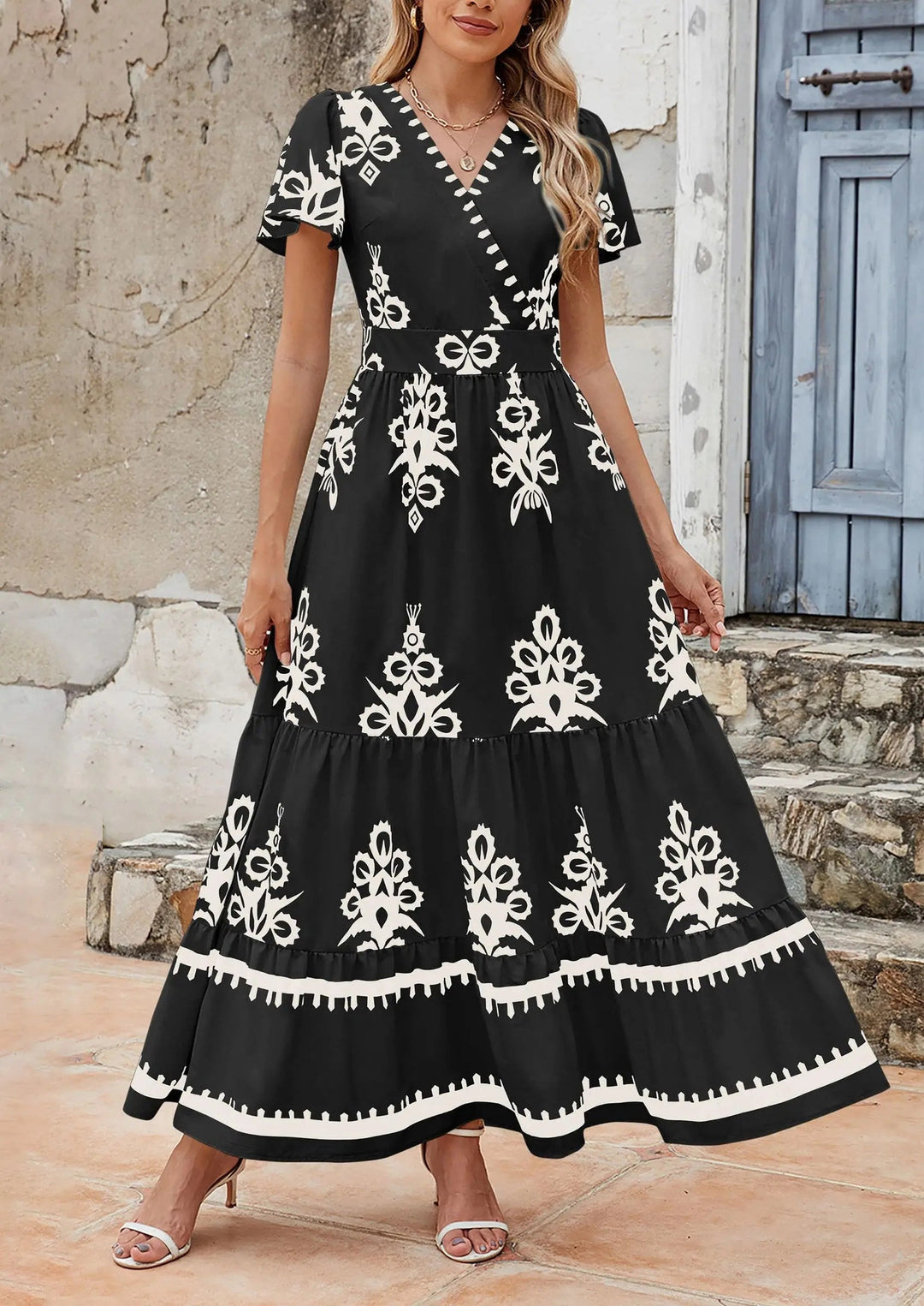 Womens Maxi Dress with V-Neck and Bell Sleeve Flowy A-Line