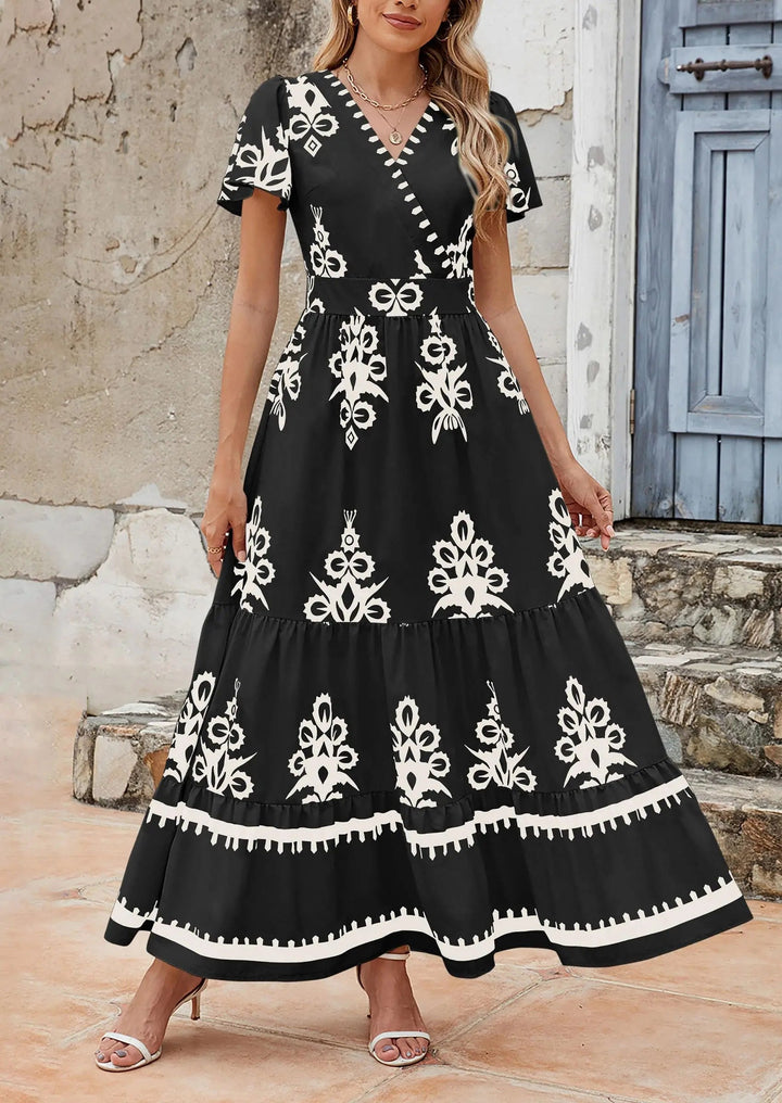 Womens Maxi Dress with V-Neck and Bell Sleeve Flowy A-Line