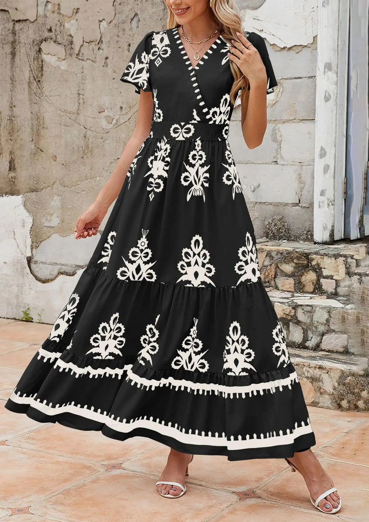 Womens Maxi Dress with V-Neck and Bell Sleeve Flowy A-Line