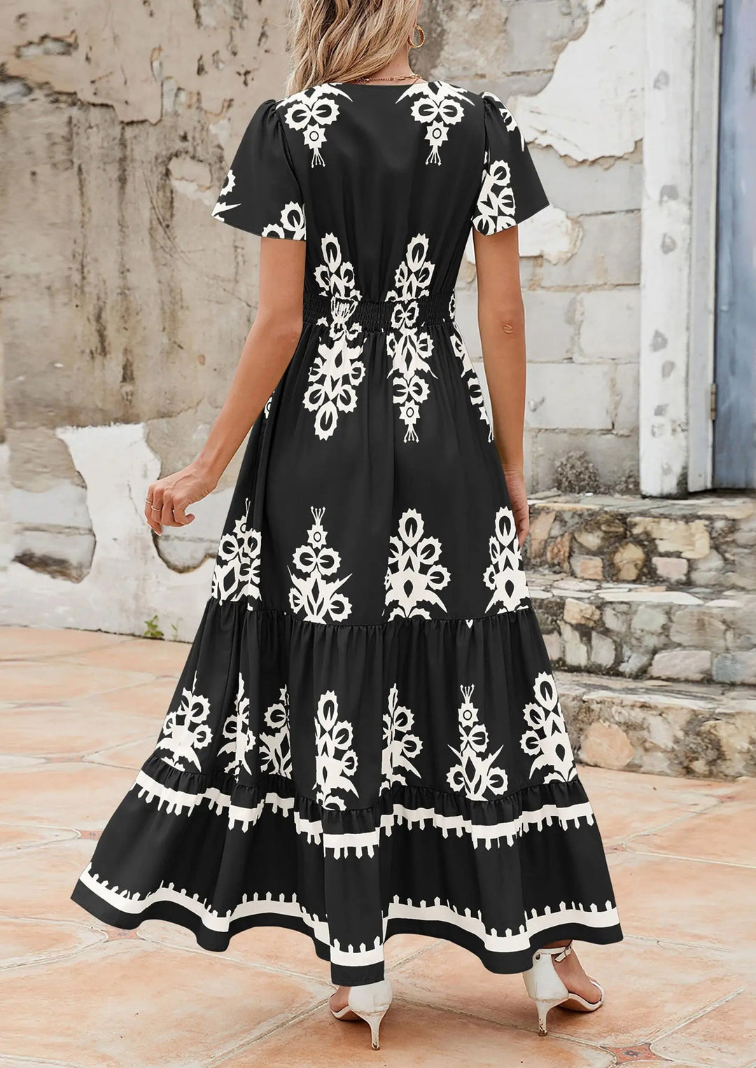 Womens Maxi Dress with V-Neck and Bell Sleeve Flowy A-Line