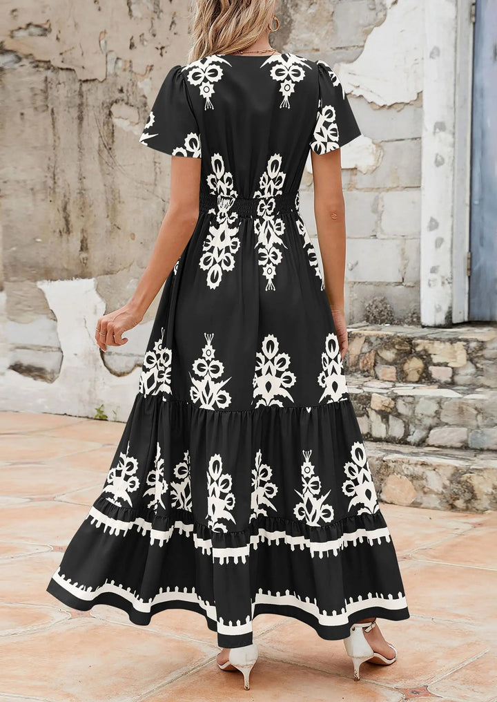 Womens Maxi Dress with V-Neck and Bell Sleeve Flowy A-Line