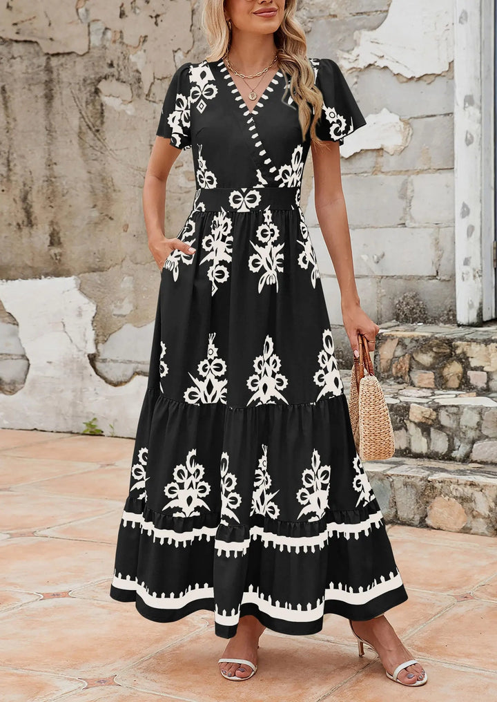 Womens Maxi Dress with V-Neck and Bell Sleeve Flowy A-Line