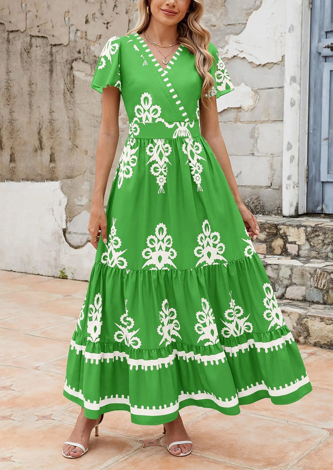 Womens Maxi Dress with V-Neck and Bell Sleeve Flowy A-Line