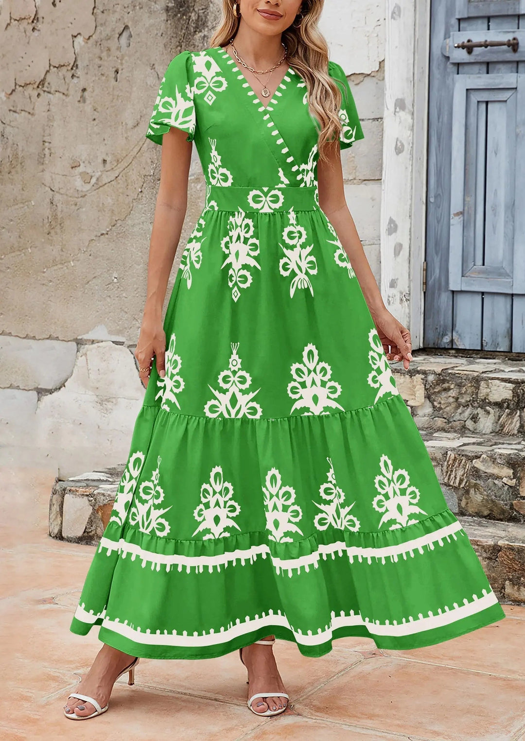 Womens Maxi Dress with V-Neck and Bell Sleeve Flowy A-Line