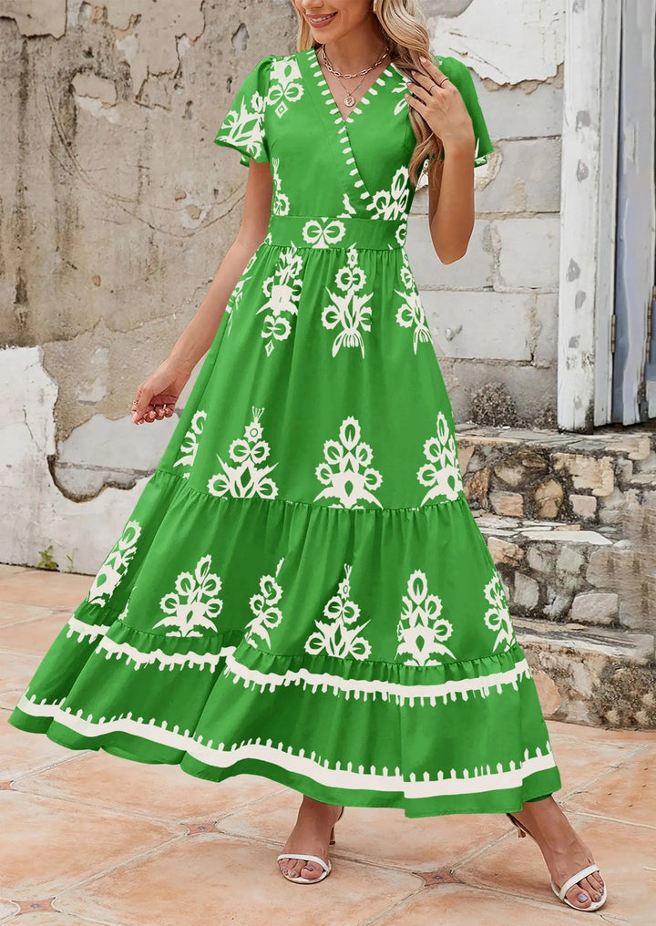 Womens Maxi Dress with V-Neck and Bell Sleeve Flowy A-Line