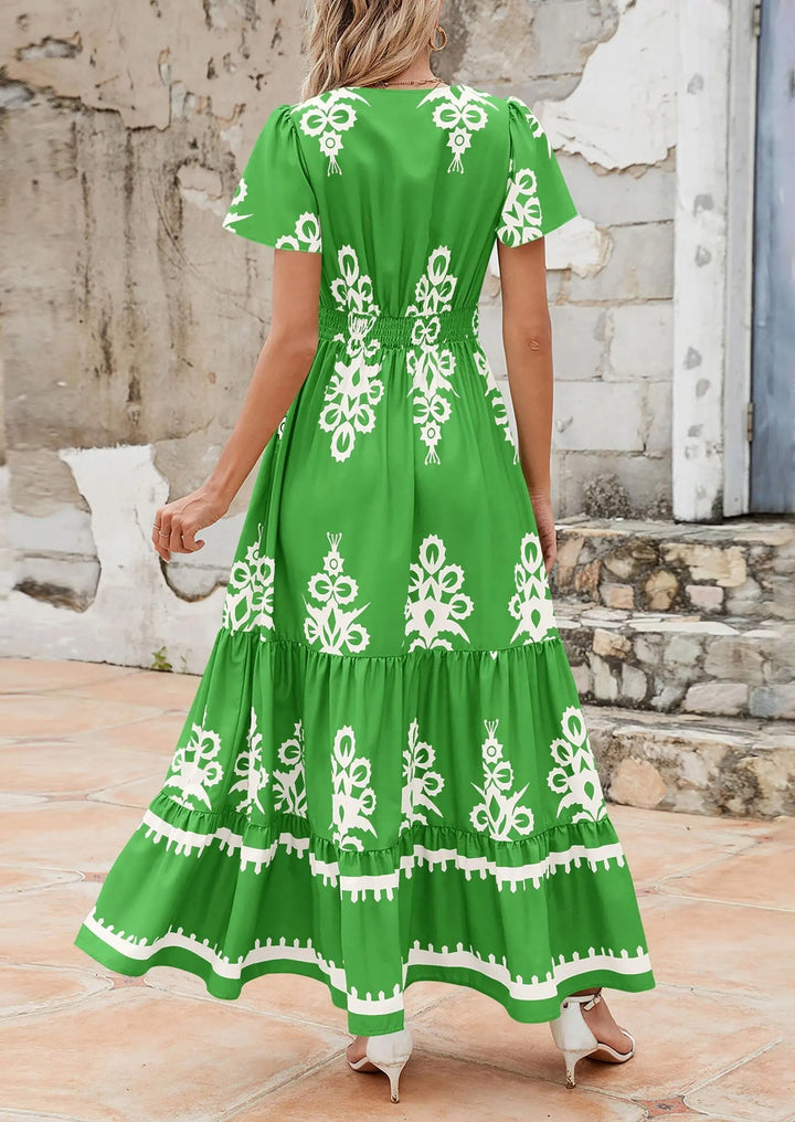 Womens Maxi Dress with V-Neck and Bell Sleeve Flowy A-Line