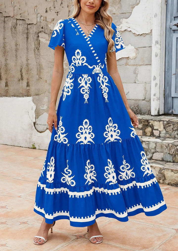 Womens Maxi Dress with V-Neck and Bell Sleeve Flowy A-Line