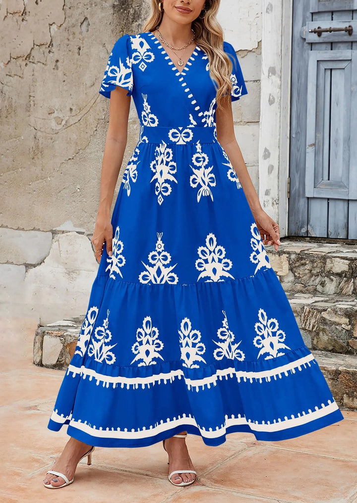 Womens Maxi Dress with V-Neck and Bell Sleeve Flowy A-Line