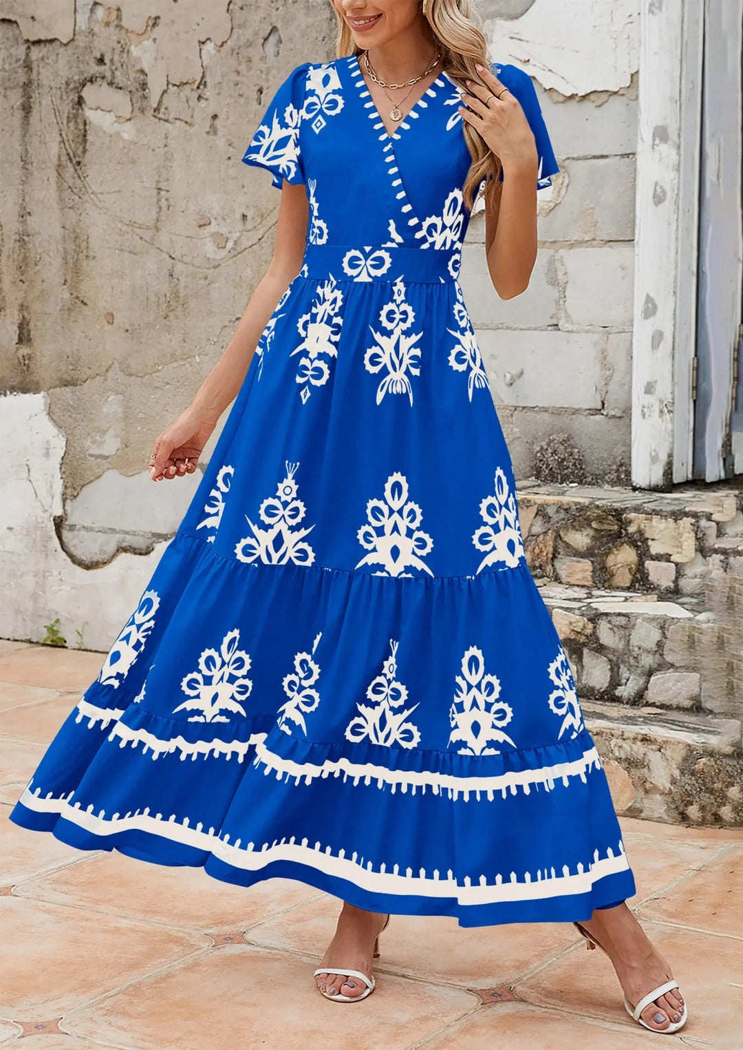 Womens Maxi Dress with V-Neck and Bell Sleeve Flowy A-Line