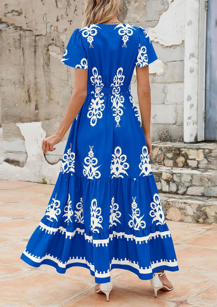 Womens Maxi Dress with V-Neck and Bell Sleeve Flowy A-Line