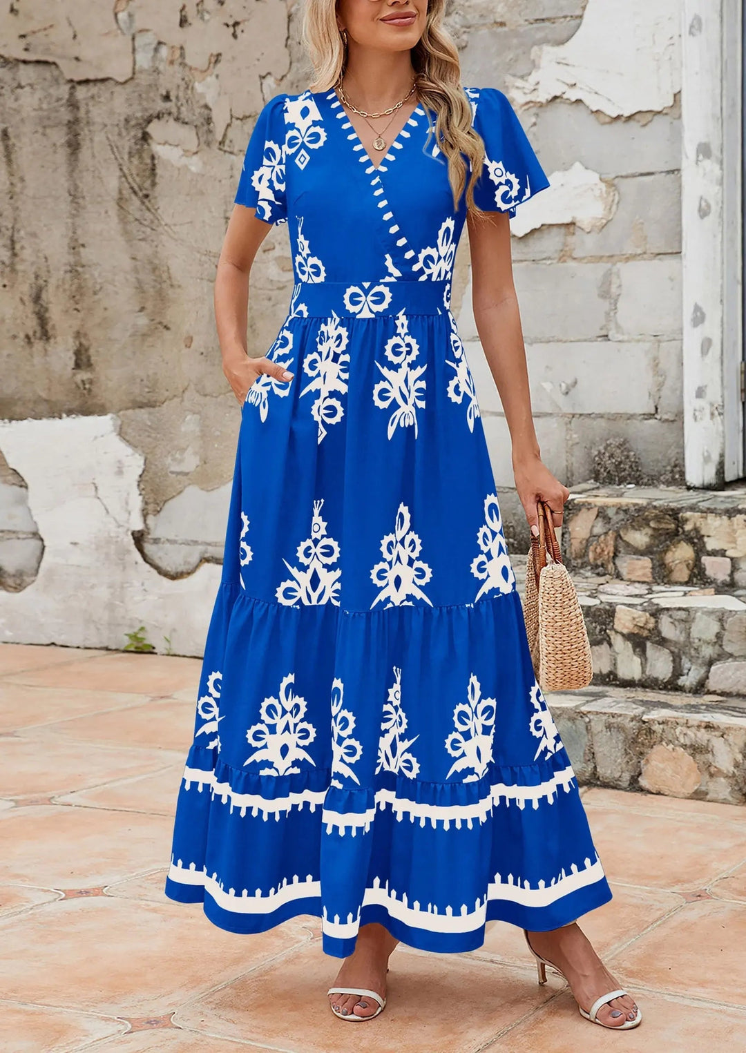 Womens Maxi Dress with V-Neck and Bell Sleeve Flowy A-Line