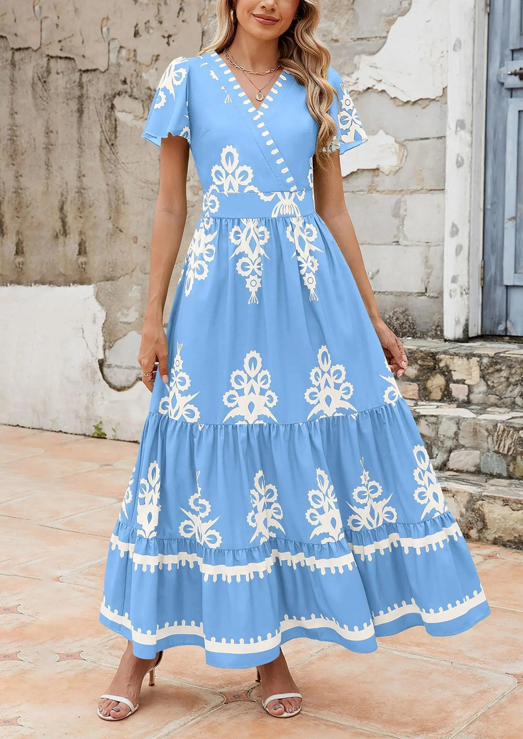 Womens Maxi Dress with V-Neck and Bell Sleeve Flowy A-Line