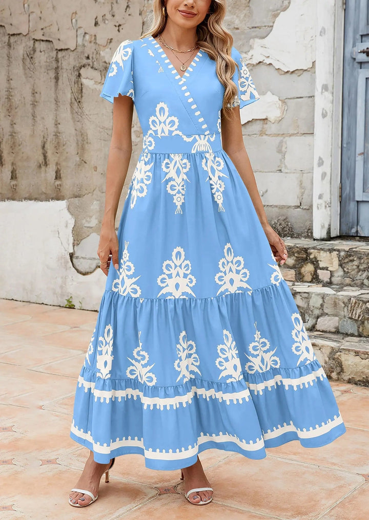 Womens Maxi Dress with V-Neck and Bell Sleeve Flowy A-Line