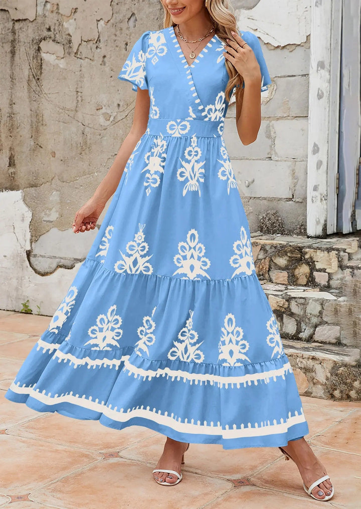 Womens Maxi Dress with V-Neck and Bell Sleeve Flowy A-Line - BritishMode
