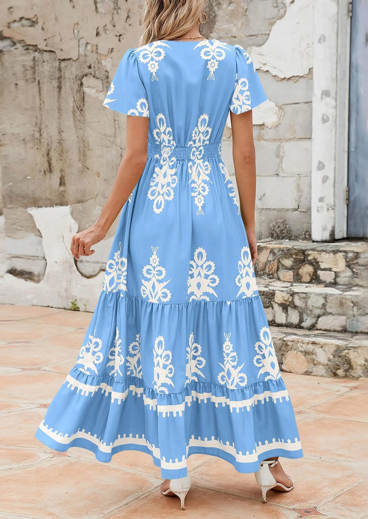 Womens Maxi Dress with V-Neck and Bell Sleeve Flowy A-Line