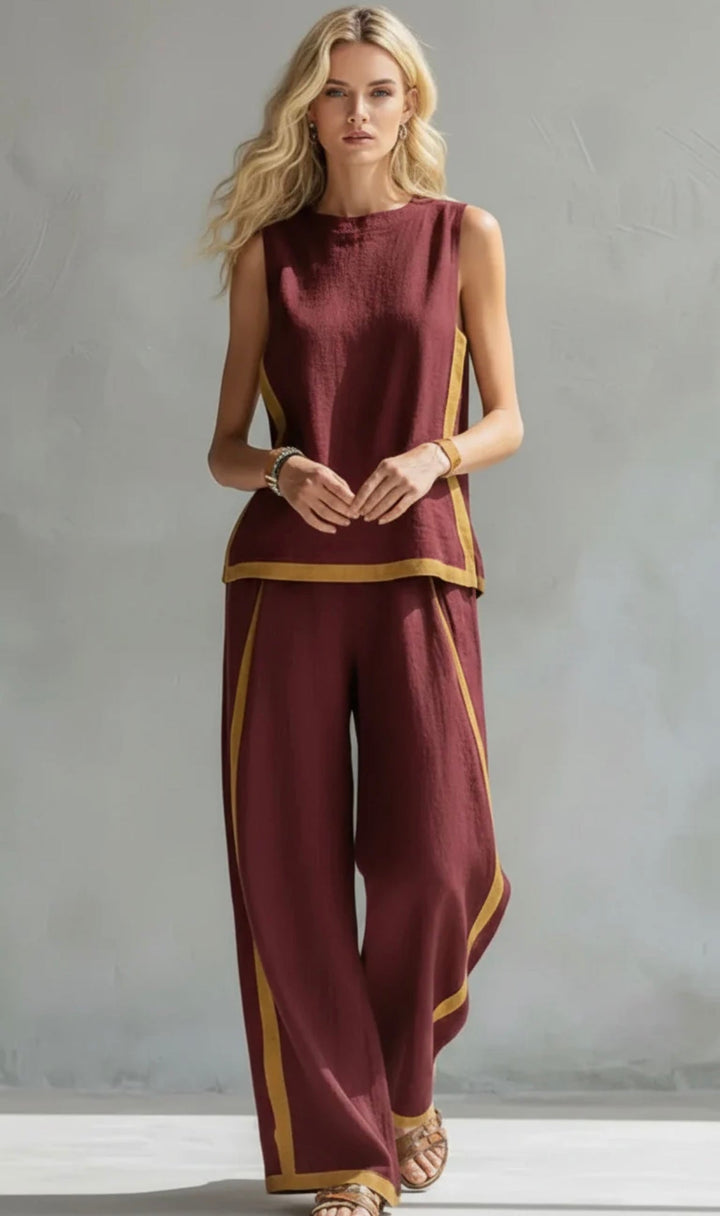 Womens Sleeveless Pants Set with Contrast Trim Wide Leg