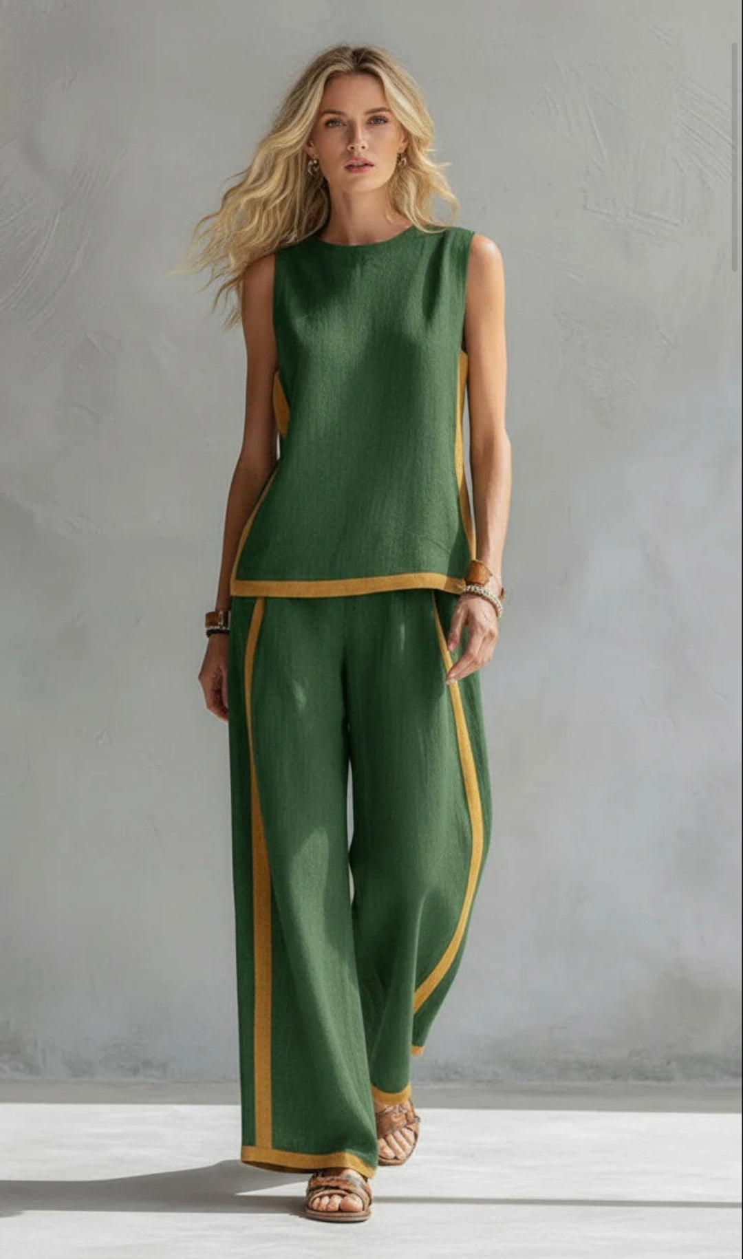Womens Sleeveless Pants Set with Contrast Trim Wide Leg