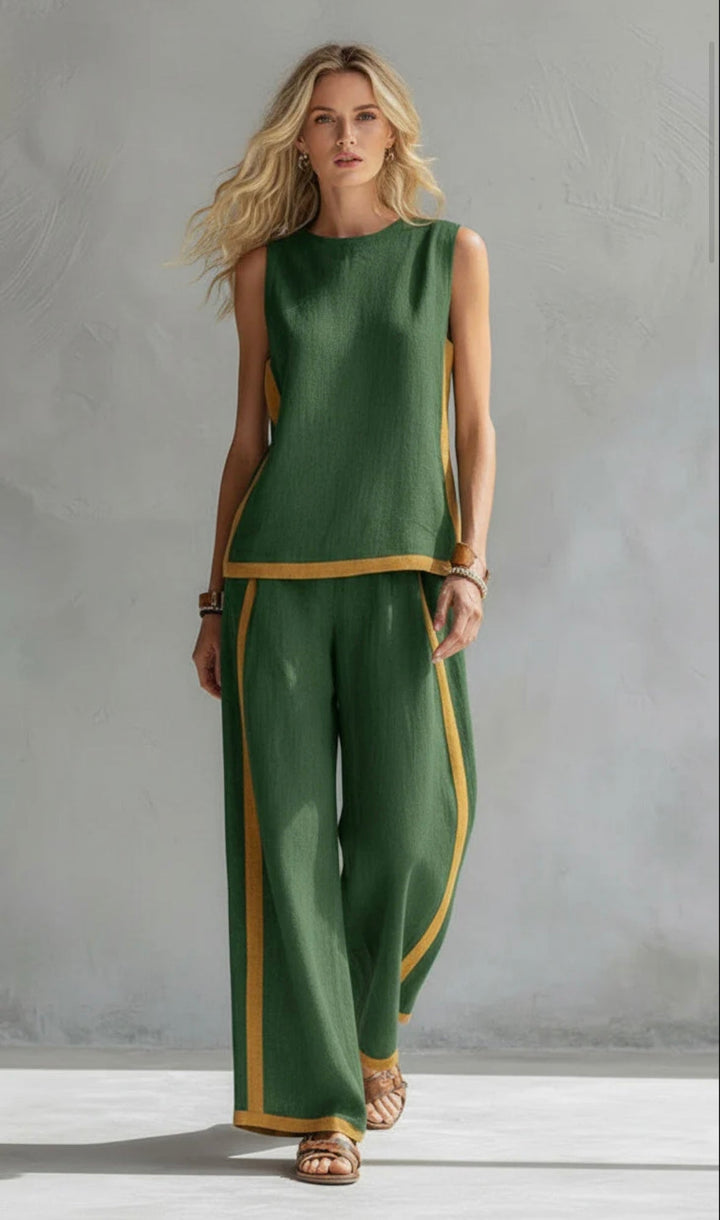 Womens Sleeveless Pants Set with Contrast Trim Wide Leg