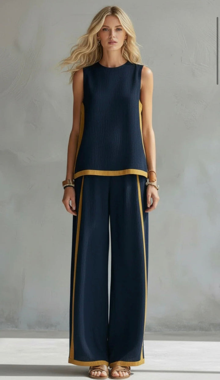 Womens Sleeveless Pants Set with Contrast Trim Wide Leg