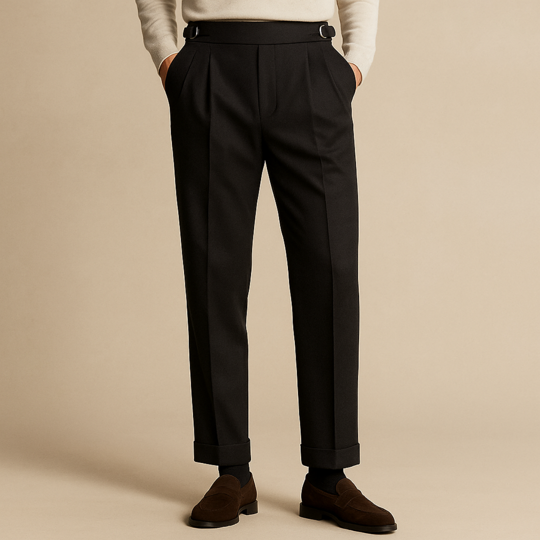 Mens Pleated Trousers Wool Blend High Waist Fit